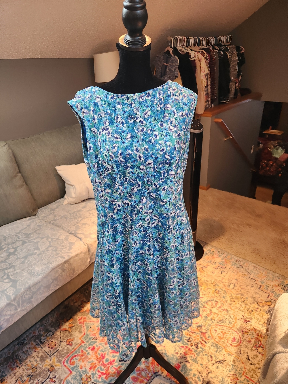 Danny & Nicole blue and white lace overlay Fit-and-Flare Dress size 16 great!